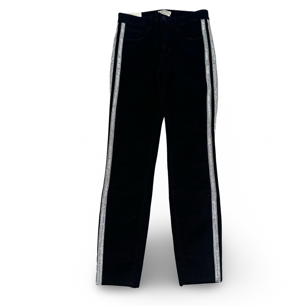L'AGENCE Margot High Rise Skinny Jeans Black Crystal Side Stripe Raw Hem Size 26